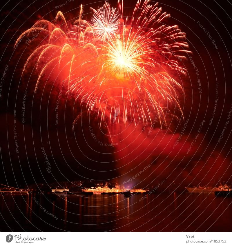 Red fireworks on the black sky Joy Freedom Night life Entertainment Party Event Feasts & Celebrations Hallowe'en Christmas & Advent Art Shows Water Sky