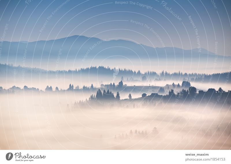 Autumn foggy morning in Carpathian mountains Vacation & Travel Mountain House (Residential Structure) Nature Landscape Air Sky Clouds Sunrise Sunset Climate