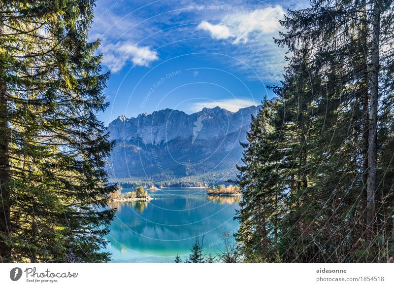 Eibsee Nature Landscape Water Beautiful weather Forest Rock Alps Mountain Peak Snowcapped peak Lake Eib Lake Contentment Joie de vivre (Vitality) Enthusiasm