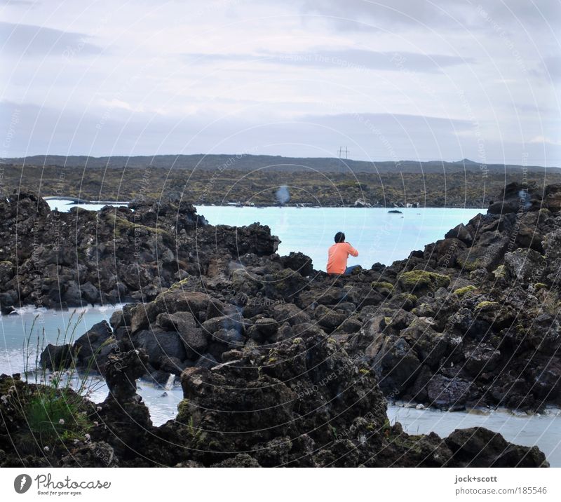 lava lounge Well-being Calm Spa Trip Landscape Bad weather Lava field Sweater Relaxation Sit Cold Contentment Serene Inspiration Iceland Blue Lagoon Lake