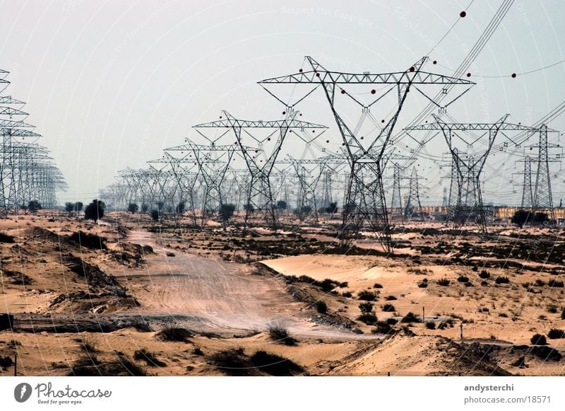 More Power Electricity High-power current Dubai United Arab Emirates Electrical equipment Technology Electricity pylon Transmission lines Cable Metal Desert