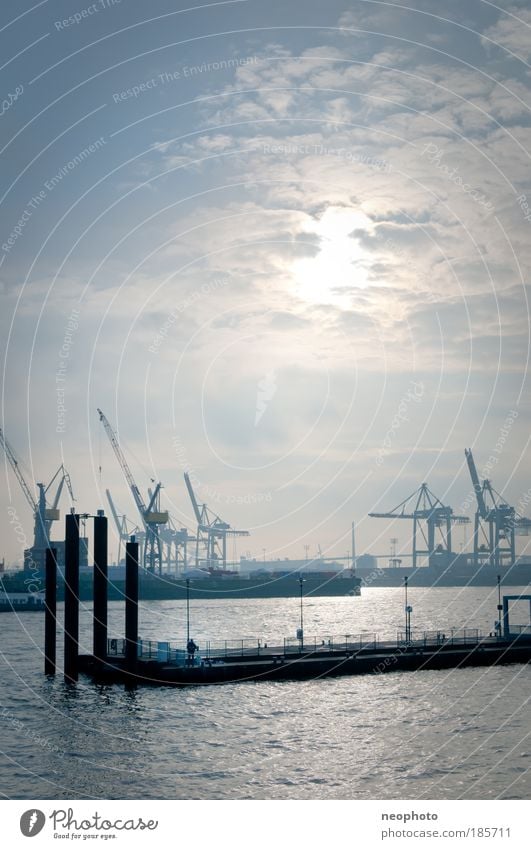 fishermans friend Economy Logistics Port of Hamburg Port City Harbour Tourist Attraction Landmark Success Landungsbrücken Crane Elbe Water Shroud of fog Clouds