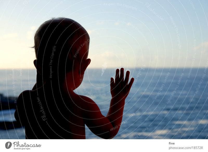 today bathing weather Child Baby Toddler Boy (child) Head 1 - 3 years Sky Horizon Summer Waves Ocean Observe Looking Stand Happy Contentment Tenerife Spain