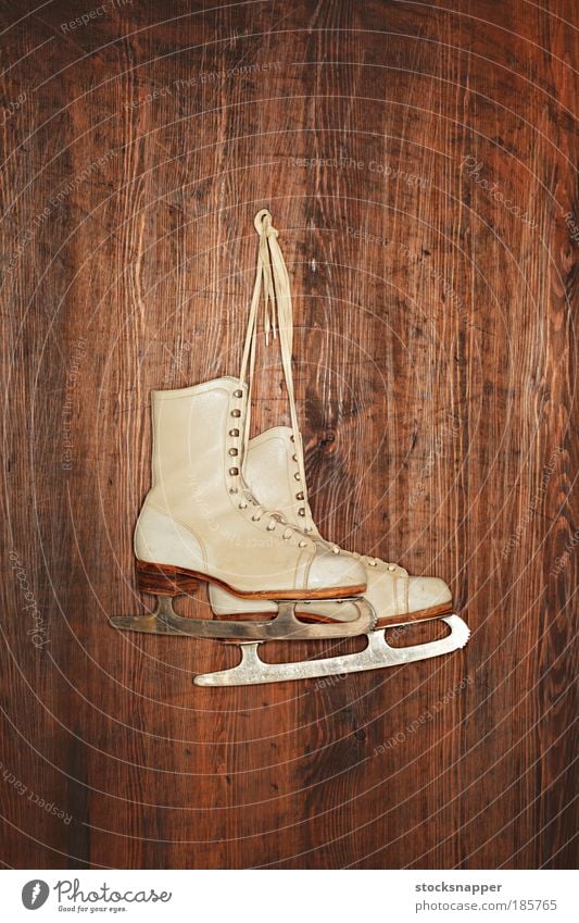 Old Skates Ice-skates Ice-skating White Vintage worn Leather footwear Sports Hanging Wall (building) wooden In pairs