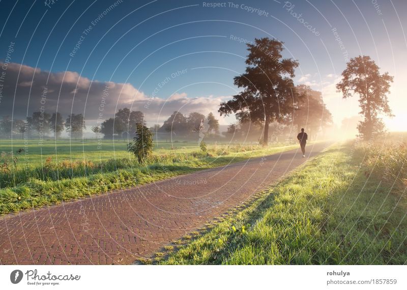 runner in countryside during misty summer sunrise Summer Sun Sports Jogging Human being Man Adults Nature Landscape Sky Fog Grass Meadow Street Lanes & trails