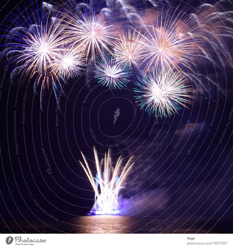 Colorful fireworks with water reflection Joy Freedom Waves Night life Entertainment Party Event Feasts & Celebrations Christmas & Advent New Year's Eve Shows
