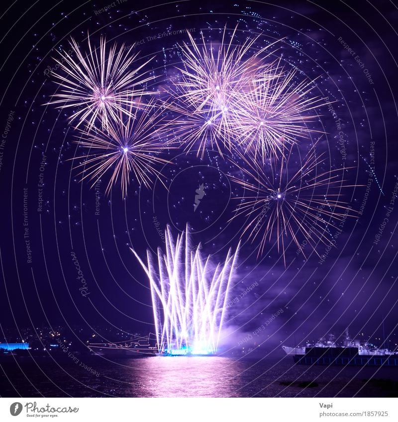 Blue colorful fireworks on the black sky with water reflection Joy Freedom Waves Night life Entertainment Party Event Feasts & Celebrations Christmas & Advent