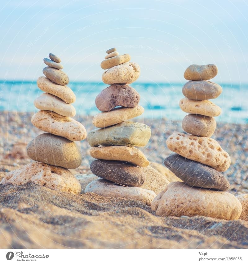 Three stacks of round smooth stones Harmonious Relaxation Vacation & Travel Tourism Trip Summer Summer vacation Beach Ocean Art Environment Nature Landscape