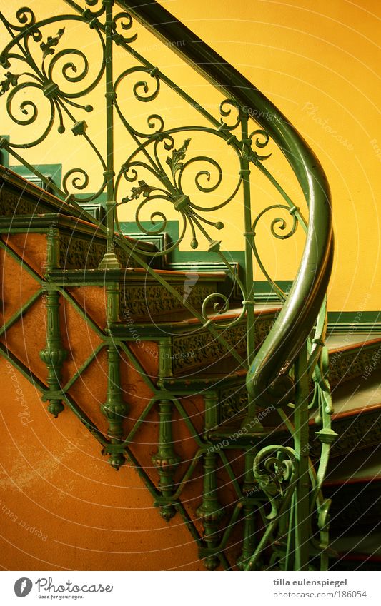 / Deserted House (Residential Structure) Building Stairs Esthetic Beautiful Yellow Green Colour Staircase (Hallway) Banister Delicate Curlicue Noble Warmth