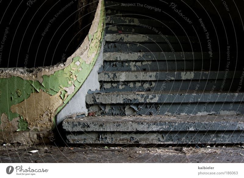 career ladder Stairs Staircase (Hallway) Banister Manmade structures Building Old Broken Retro Blue Green Black Fear Fear of the future Esthetic Decline Past