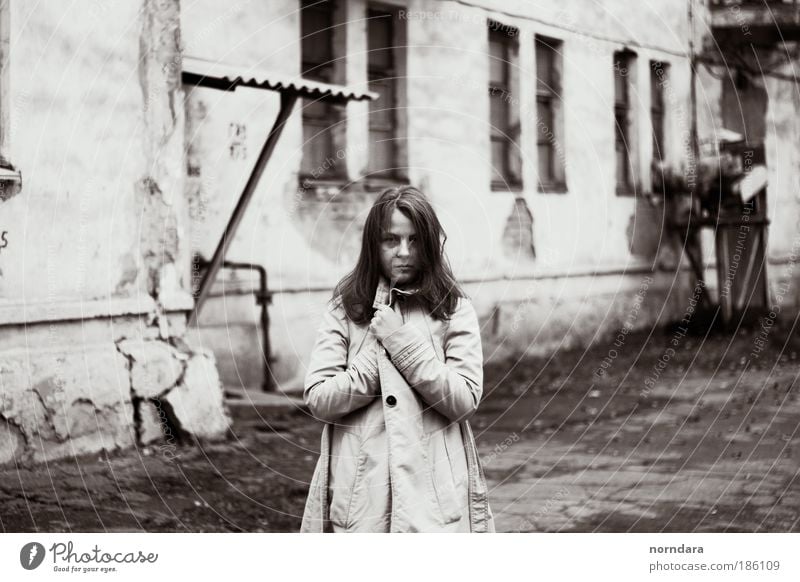 lena Human being Young woman Youth (Young adults) Eyes 1 18 - 30 years Adults Serene Cold Coat Autumn texture Window Black & white photo Exterior shot Day