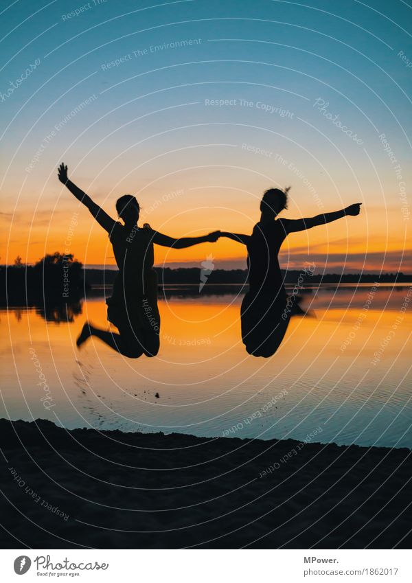friendship Human being Young woman Youth (Young adults) Friendship Life 2 Landscape Cloudless sky Sunrise Sunset Beautiful weather Swimming & Bathing Touch