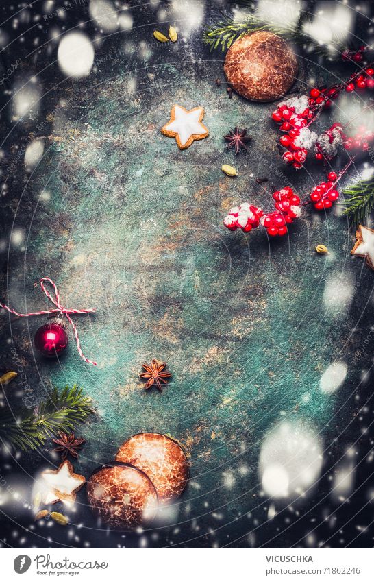 Christmas background with cookies, gingerbread and snow Dessert Candy Style Design Joy Winter Decoration Feasts & Celebrations Christmas & Advent Moody