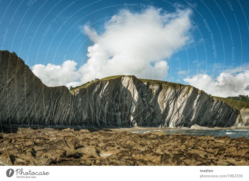 pleated blind Nature Landscape Sky Clouds Summer Beautiful weather Hill Rock Waves Coast Beach Ocean Blue Brown White flysch Folded Colour photo Exterior shot