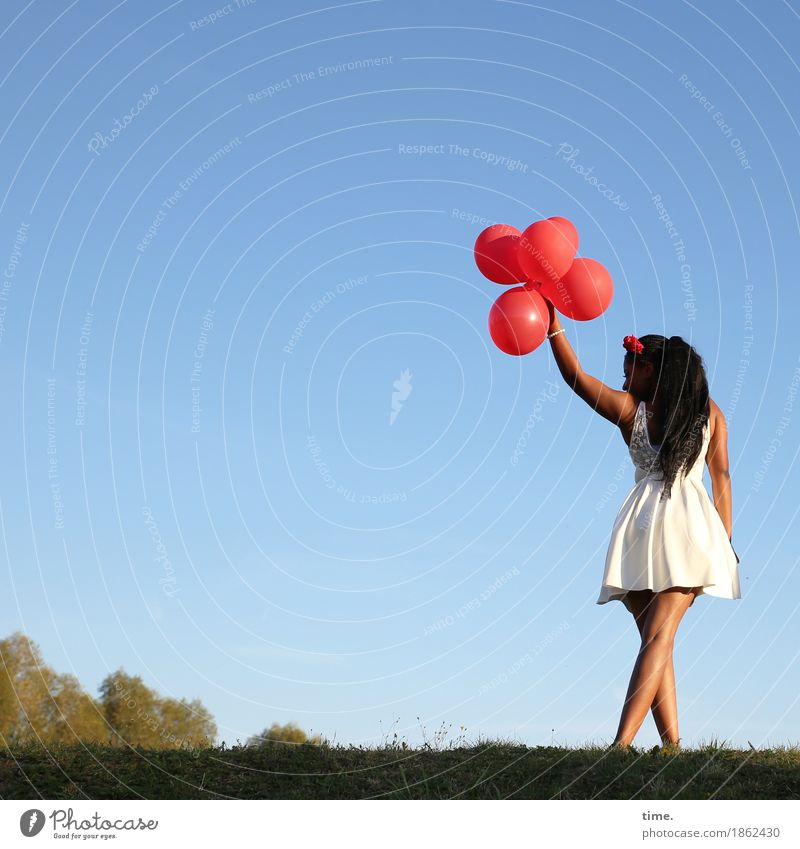 . Feminine Woman Adults 1 Human being Sky Cloudless sky Autumn Beautiful weather Meadow Dress Jewellery Black-haired Long-haired Balloon Movement Going Stand