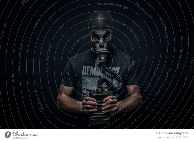 gasmask Human being Masculine Man Adults Observe Stand Aggression Dark Pain Longing Loneliness Guilty Shame Fear Dangerous Revenge Force Hatred Threat Cold War