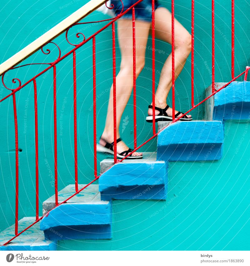 arrive Lifestyle Young woman Youth (Young adults) Legs 1 Human being 30 - 45 years Adults Cuba Stairs Shorts Sandal Running Going Above Positive Blue Red