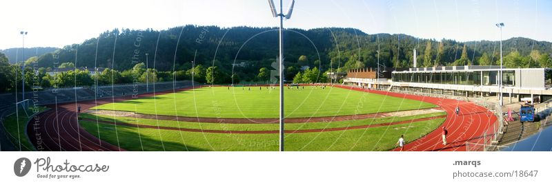 stadium Football pitch Field Floodlight Track and Field Panorama (View) Practice Endurance Long jump High jump Sports Playing Sporting event Institute Tartan