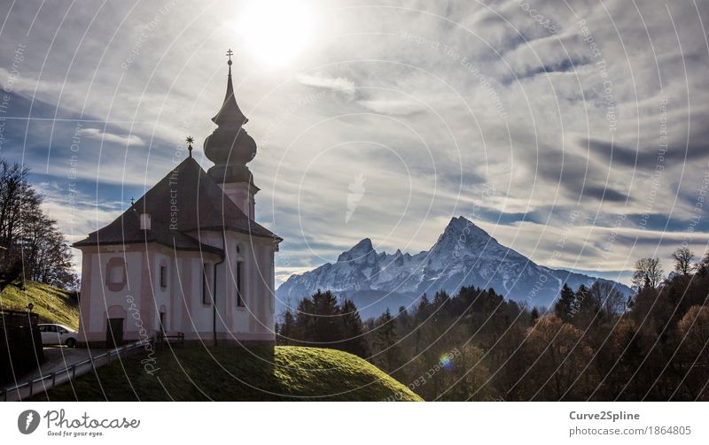 Maria Gern Church Sky Clouds Sun Autumn Weather Ice Frost Snow Tree Meadow Forest Hill Rock Mountain Peak Snowcapped peak Berchtesgaden Berchtesgaden Alpes