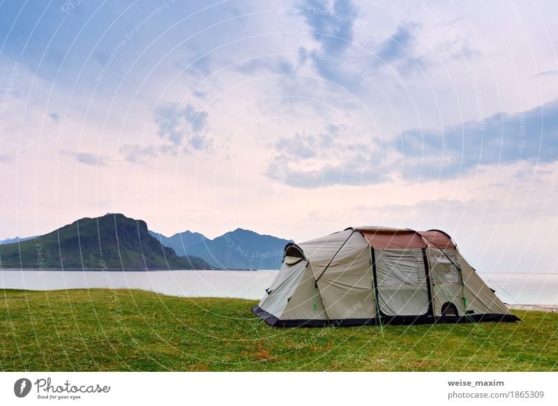 Camping on the ocean coast. Vacation in Norway, Lofoten Lifestyle Exotic Joy Vacation & Travel Tourism Trip Adventure Freedom Summer Beach Ocean Island Mountain