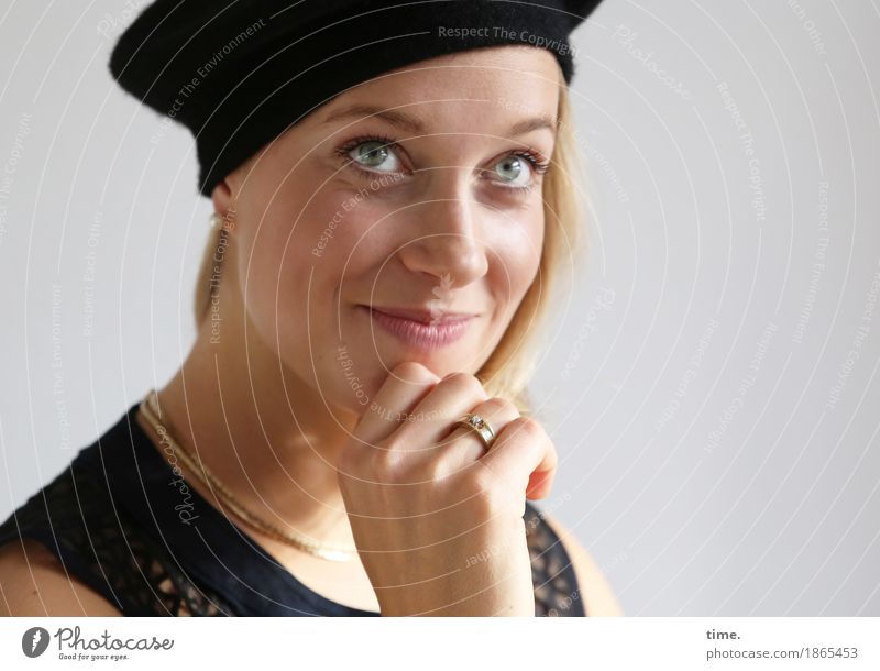 . Feminine 1 Human being Dress Jewellery Ring Necklace Cap Blonde Long-haired Observe Smiling Looking Friendliness Happiness Joy Happy Contentment