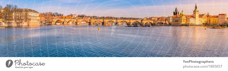 City panorama with the Vltava river in Prague Joy Vacation & Travel Tourism Trip Sightseeing City trip Sun Culture Nature Water Sky River Capital city Skyline