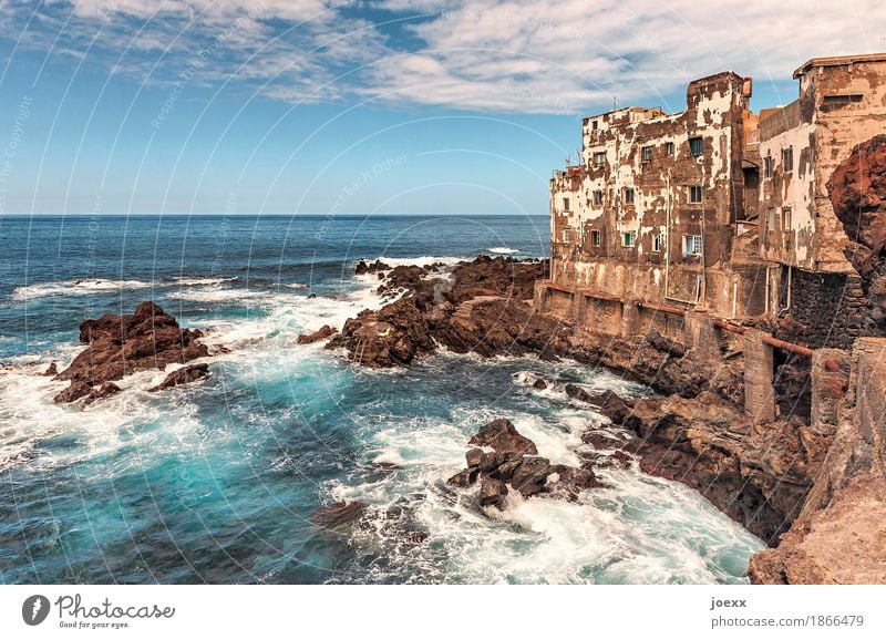 Shabby Chic Sky Clouds Horizon Summer Beautiful weather Waves Coast Ocean Fishing village House (Residential Structure) Wall (barrier) Wall (building) Facade