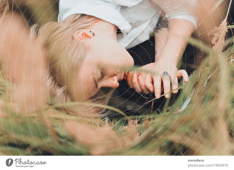 closed eyes Androgynous Young woman Youth (Young adults) Young man Skin Grass Rye Rye field Meadow Field Jewellery Blonde Short-haired Cry Compassion Calm Fear