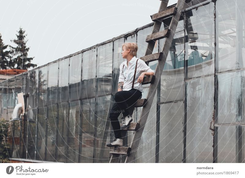 sitting on the stairs Androgynous Young woman Youth (Young adults) Young man Man Adults Fashion Shirt Pants Suspenders Footwear Blonde Short-haired Looking