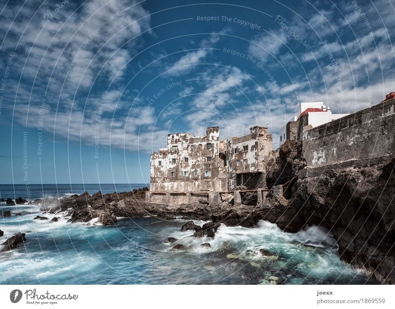 vintage Water Sky Clouds Summer Beautiful weather Rock Waves Coast Ocean Spain Old town House (Residential Structure) Wall (barrier) Wall (building) Facade