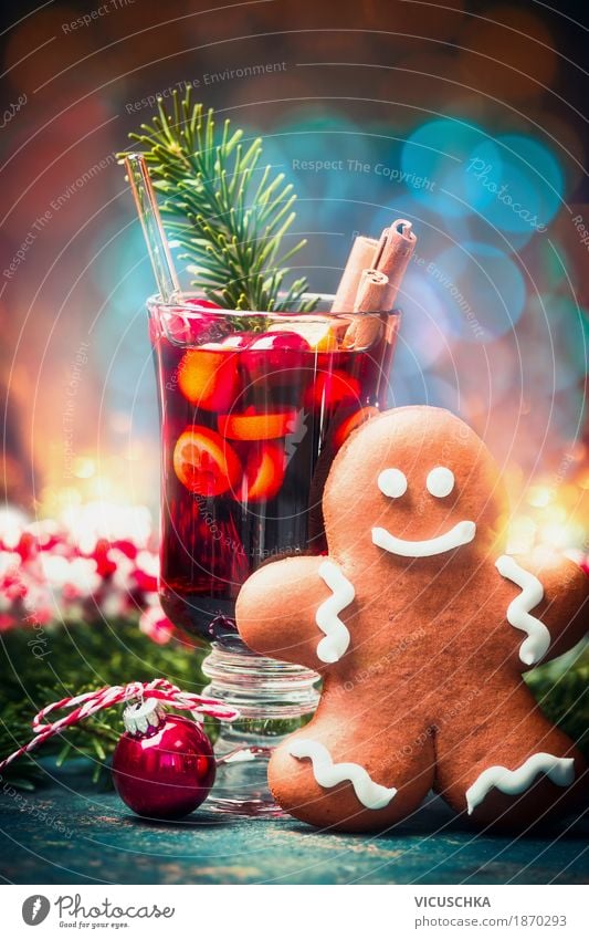 cup mulled wine and gingerbread man Candy Banquet Beverage Hot drink Wine Mulled wine Cup Style Design Joy Winter Decoration Table Party Event