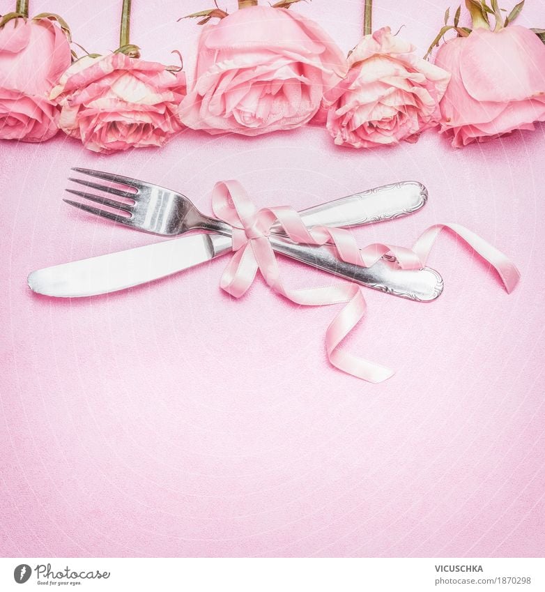 Romantic table set with pink roses, cutlery and ribbon Banquet Cutlery Style Design Living or residing Decoration Restaurant Feasts & Celebrations