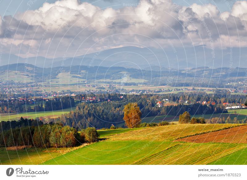 Poland autumn hills. Sunny October day in mountain village Vacation & Travel Tourism Far-off places Freedom Summer Mountain Hiking House (Residential Structure)