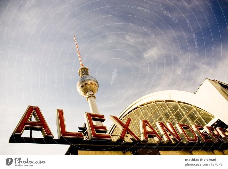 ALEXANDER Clouds Beautiful weather Berlin Town Capital city Downtown Skyline Deserted Train station Architecture Facade Window Satellite dish Berlin TV Tower
