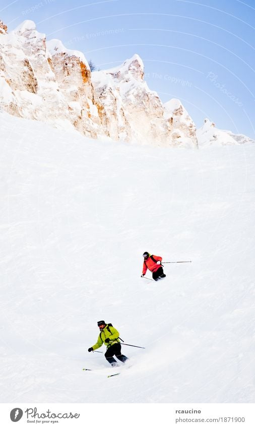 Two skiers going downhill in powder snow Winter Snow Mountain Sports Skiing Man Adults Landscape Cold Green White Caucasian Clear sky Ski-run Europe Extreme