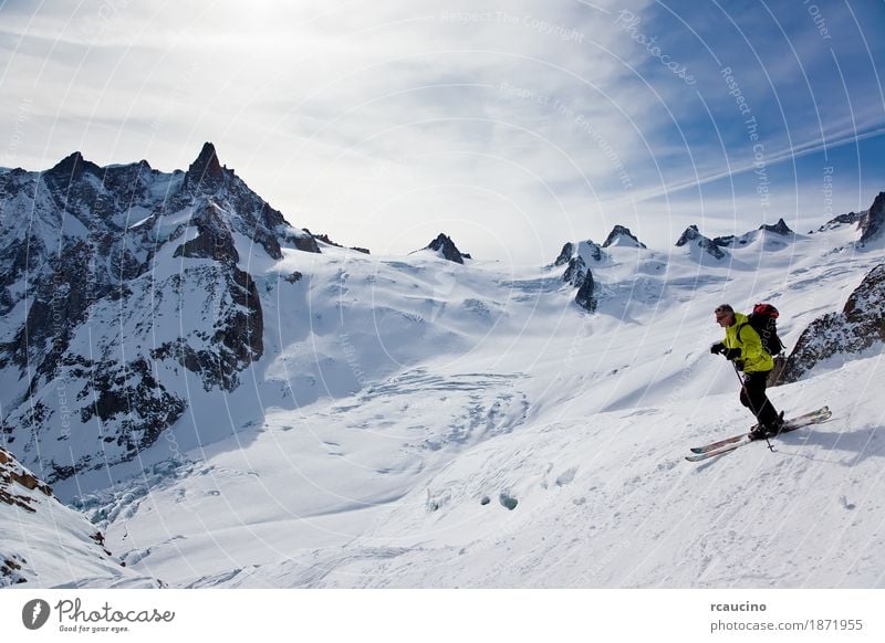 Skier in Vallèe Blanche, Chamonix, Mont Blanc massif, France Joy Adventure Winter Snow Mountain Sports Skiing Man Adults Landscape Sky Glacier Green Clear sky