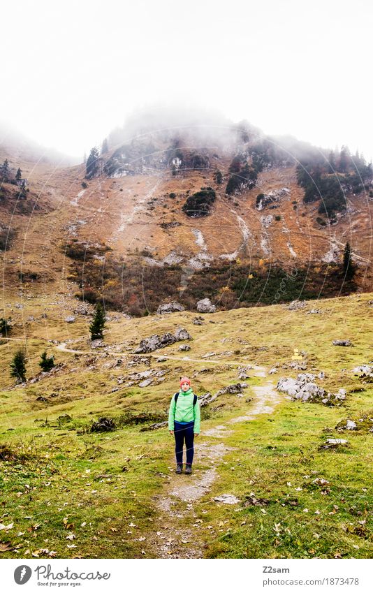 little girl - big mountain Leisure and hobbies Mountain Hiking Young woman Youth (Young adults) 18 - 30 years Adults Nature Landscape Clouds Autumn Bad weather