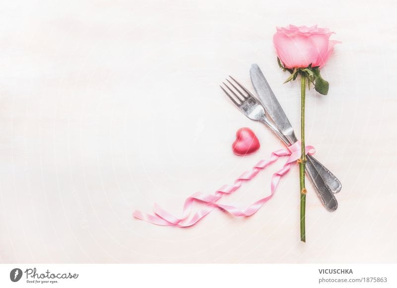 Table set with rose, cutlery, heart and ribbon Banquet Style Design Decoration Party Event Restaurant Feasts & Celebrations Valentine's Day Mother's Day Wedding