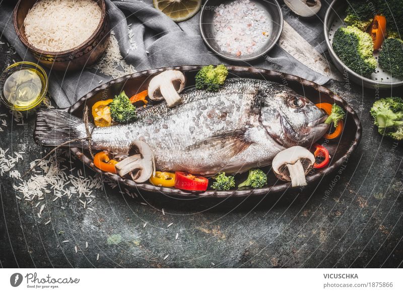 Fish dish with rice and vegetables Food Vegetable Herbs and spices Nutrition Lunch Dinner Organic produce Diet Crockery Bowl Pot Knives Style Design