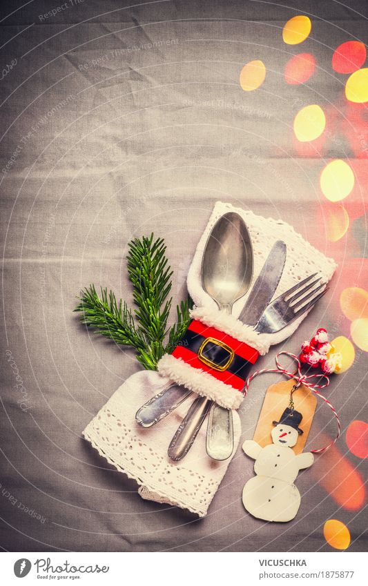 Christmas, table decoration with fir branch and snowman Banquet Cutlery Knives Fork Spoon Style Design Joy Winter Living or residing Flat (apartment) Decoration