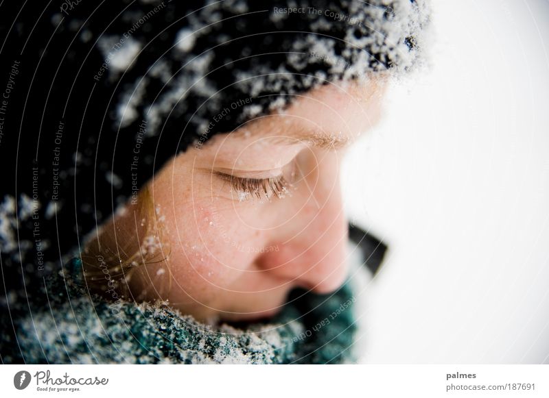 snow thoughts Face Calm Feminine Young woman Youth (Young adults) Eyes 1 Human being 18 - 30 years Adults Winter Weather Ice Frost Snow Scarf Cap Blonde Think