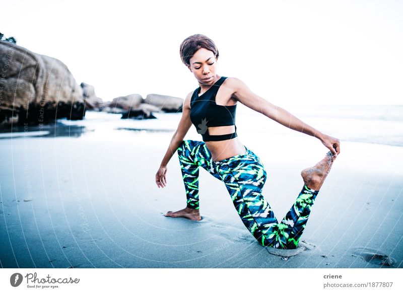 Afro Amercian women doing yoga exercises on beach Lifestyle Joy Body Wellness Relaxation Leisure and hobbies Beach Sports Yoga Human being Young woman