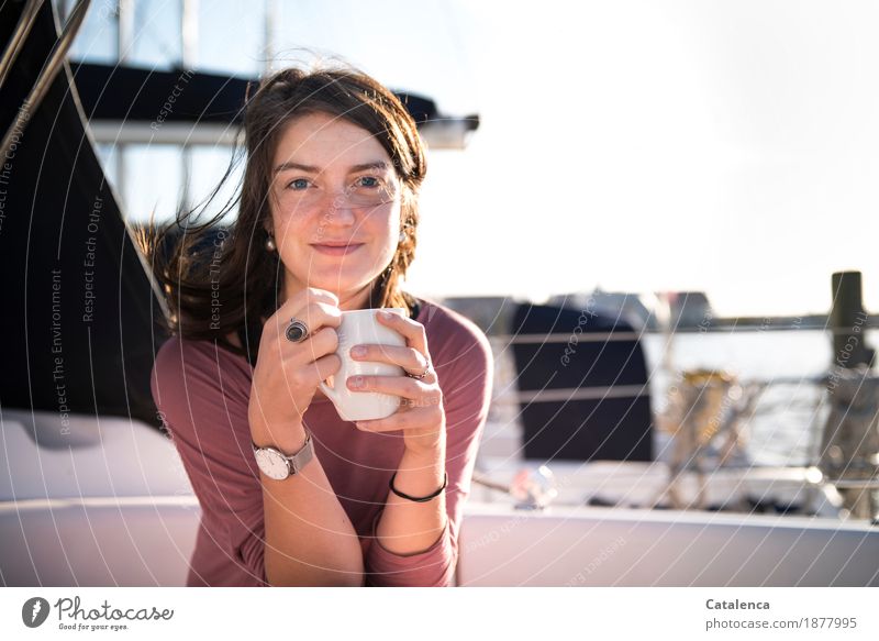 Morning coffee on deck of sailing yacht, portrait of young woman To have a coffee Coffee Cup Relaxation Vacation & Travel Aquatics Sailing Feminine Young woman