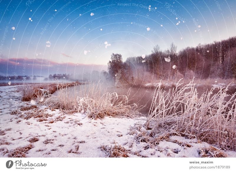Winter misty dawn on the river. Snowflakes, snowfall Vacation & Travel Tourism Trip Adventure Freedom Winter vacation Hiking Nature Landscape Sky Weather Fog