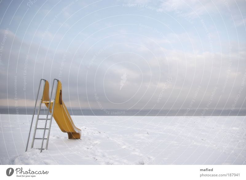 Happy New Year Playing Children's game Summer vacation Winter Snow Landscape Sand Water Sky Ice Frost Coast Beach Baltic Sea Blue Yellow Gray White Joy Longing