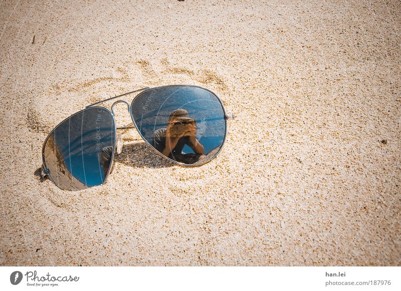 sunglasses Beach Ocean Human being Man Adults Sand Beautiful weather Eyeglasses Sunglasses Hot Vignetting Summer mood Take a photo Porno glasses Self portrait