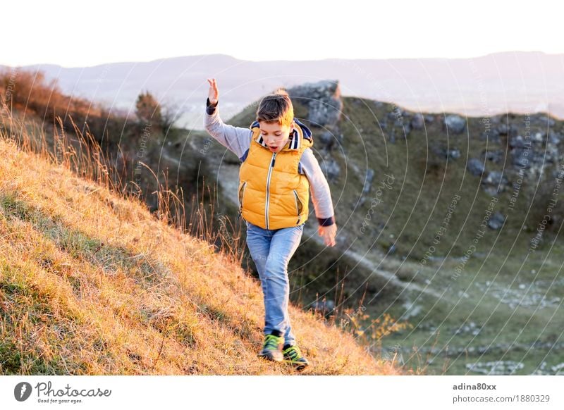 autumn sun Leisure and hobbies Playing Climbing Mountaineering Boy (child) Nature Landscape Hill Movement Going Walking Hiking Joy Happy Happiness