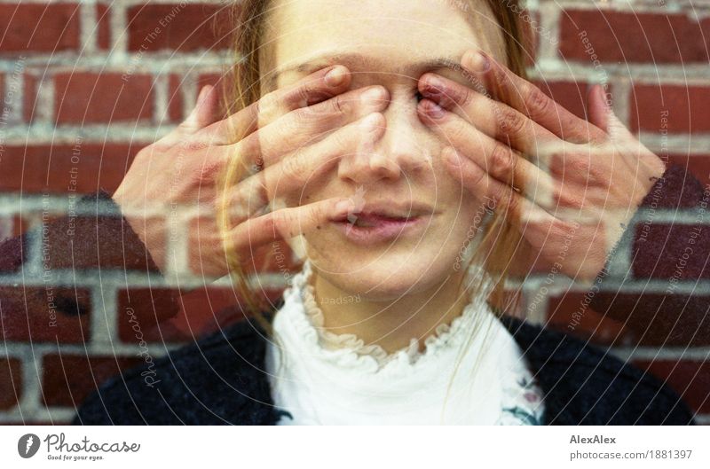 Double exposure portrait of a young woman with her fingers in front of her eyes in half transparency Style pretty Face Young woman Youth (Young adults) Hand