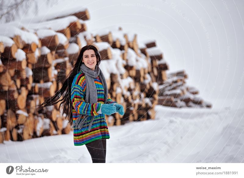 Beautiful young woman walking in winter outdoors. Wood logging Happy Trip Adventure Winter Snow Human being Girl Young woman Youth (Young adults) Woman Adults 1