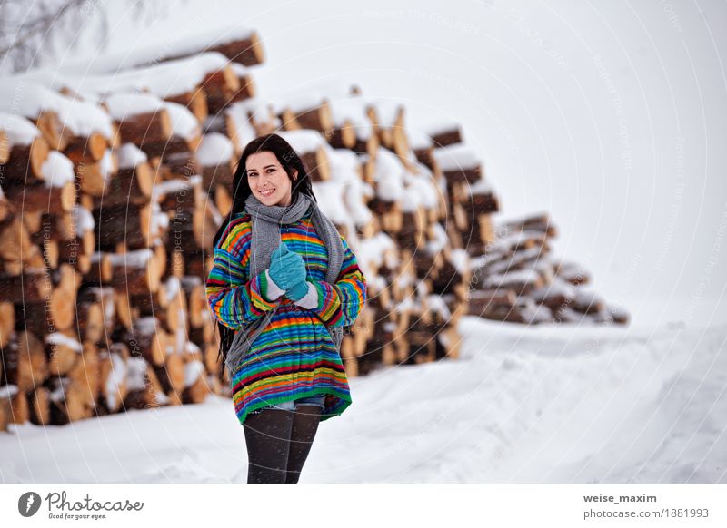 Beautiful young woman walking in winter outdoors. Wood logging Happy Winter Snow Industry Human being Young woman Youth (Young adults) Woman Adults 1